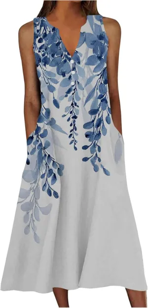 2025 Summer Dress Womens Clothes Sleeveless Boho Floral Tshirt Dress Casual Loose Beach Vacation Outfits Midi Dresses