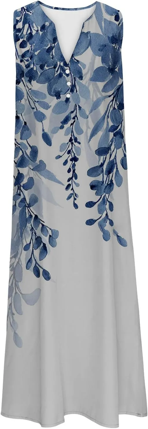 2025 Summer Dress Womens Clothes Sleeveless Boho Floral Tshirt Dress Casual Loose Beach Vacation Outfits Midi Dresses