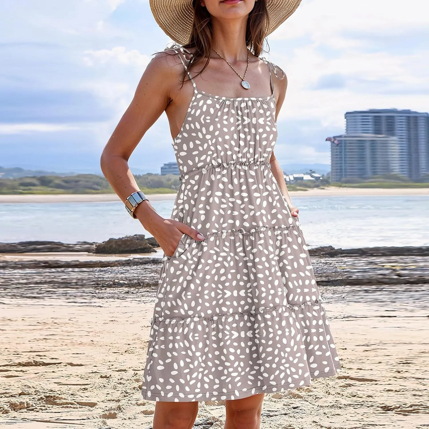 2025 Summer Dresses Trendy Cute Tie Ruffle Mini Dress Sling Women's Sundress Vacation Beach Short