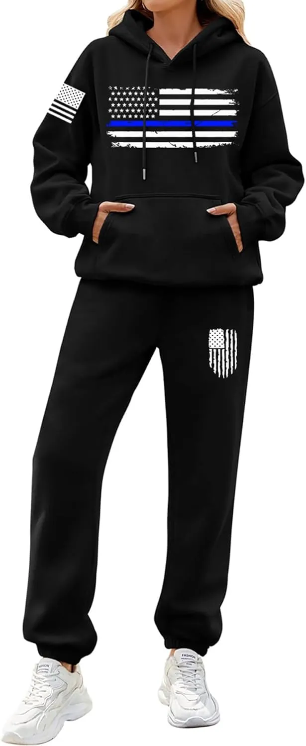 2Pcs American Flag Tracksuit Sets Casual Pullover Hoodie Outfits Sweatshirt and Sweatpants for Men Women
