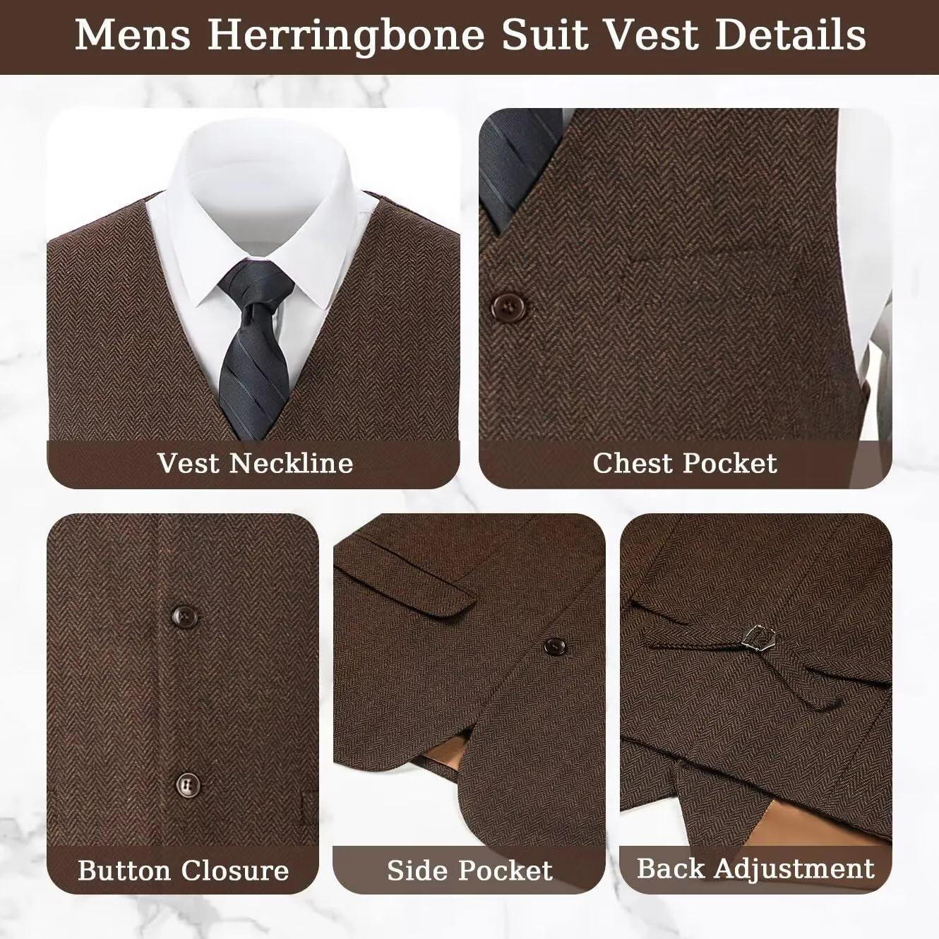 3 Pieces Retro Brown Mens Tweed Suit Slim Fit Wedding Suit Grooms Tuxedos Prom Wool Suits Jacket Vest Pants Set
