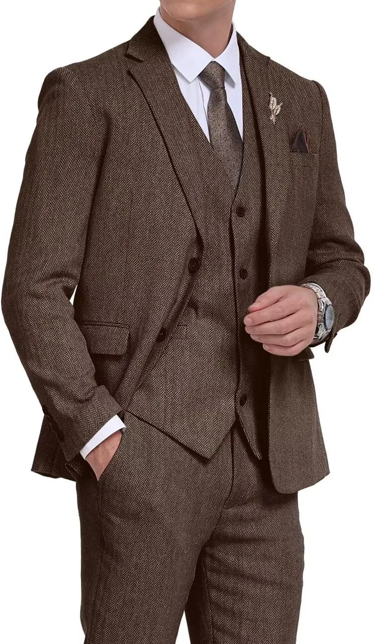 3 Pieces Retro Brown Mens Tweed Suit Slim Fit Wedding Suit Grooms Tuxedos Prom Wool Suits Jacket Vest Pants Set