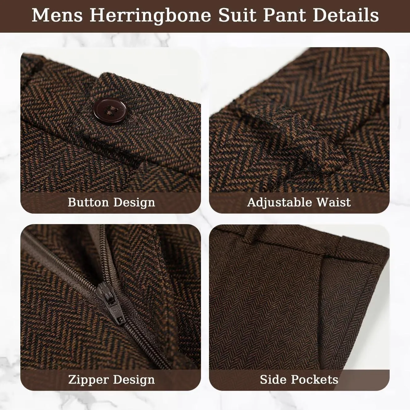 3 Pieces Retro Brown Mens Tweed Suit Slim Fit Wedding Suit Grooms Tuxedos Prom Wool Suits Jacket Vest Pants Set