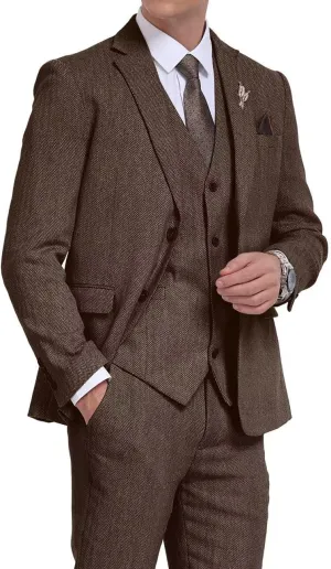 3 Pieces Retro Brown Mens Tweed Suit Slim Fit Wedding Suit Grooms Tuxedos Prom Wool Suits Jacket Vest Pants Set