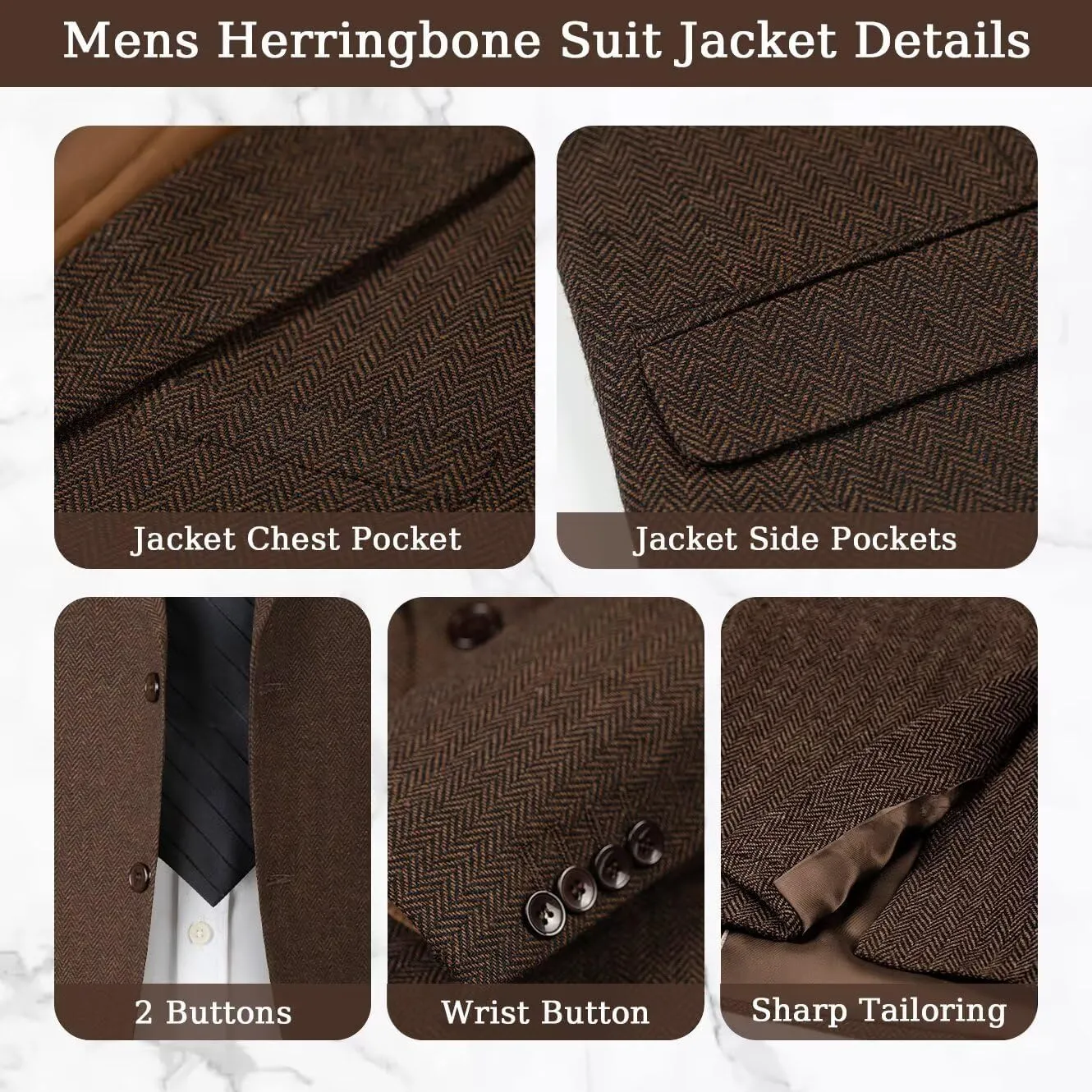 3 Pieces Retro Brown Mens Tweed Suit Slim Fit Wedding Suit Grooms Tuxedos Prom Wool Suits Jacket Vest Pants Set