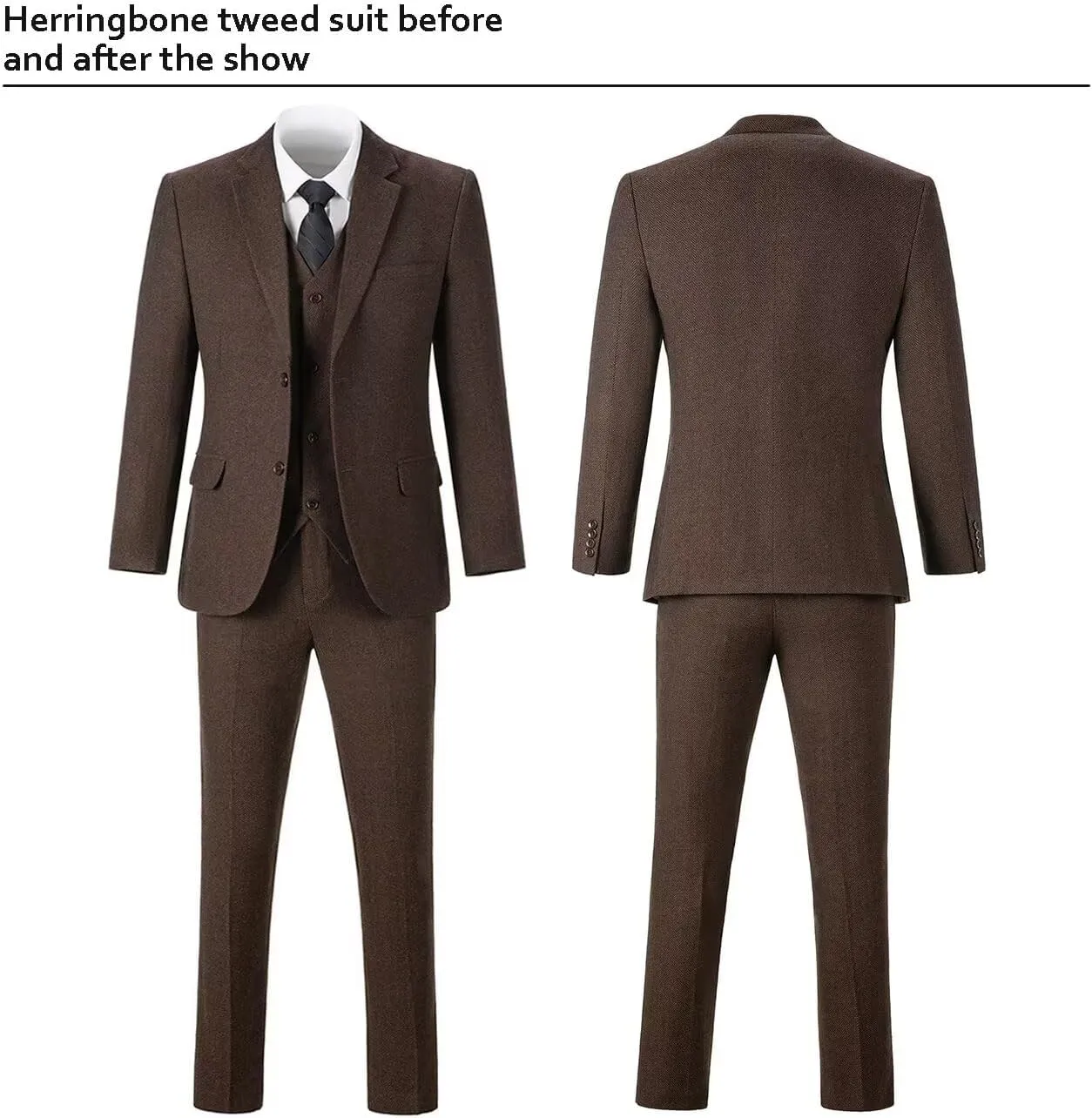 3 Pieces Retro Brown Mens Tweed Suit Slim Fit Wedding Suit Grooms Tuxedos Prom Wool Suits Jacket Vest Pants Set