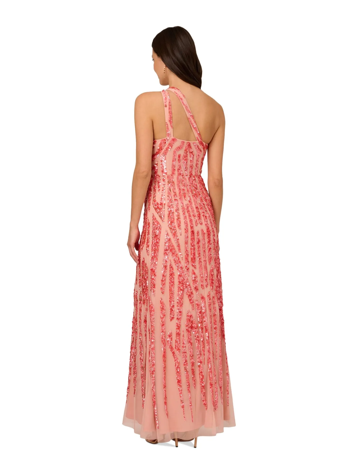 ADRIANNA PAPELL Womens Coral Mesh Zippered Cut Out Double One-shoulder Strap Lined Sleeveless Asymmetrical Neckline Full-Length Evening Gown Dress