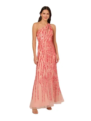 ADRIANNA PAPELL Womens Coral Mesh Zippered Cut Out Double One-shoulder Strap Lined Sleeveless Asymmetrical Neckline Full-Length Evening Gown Dress