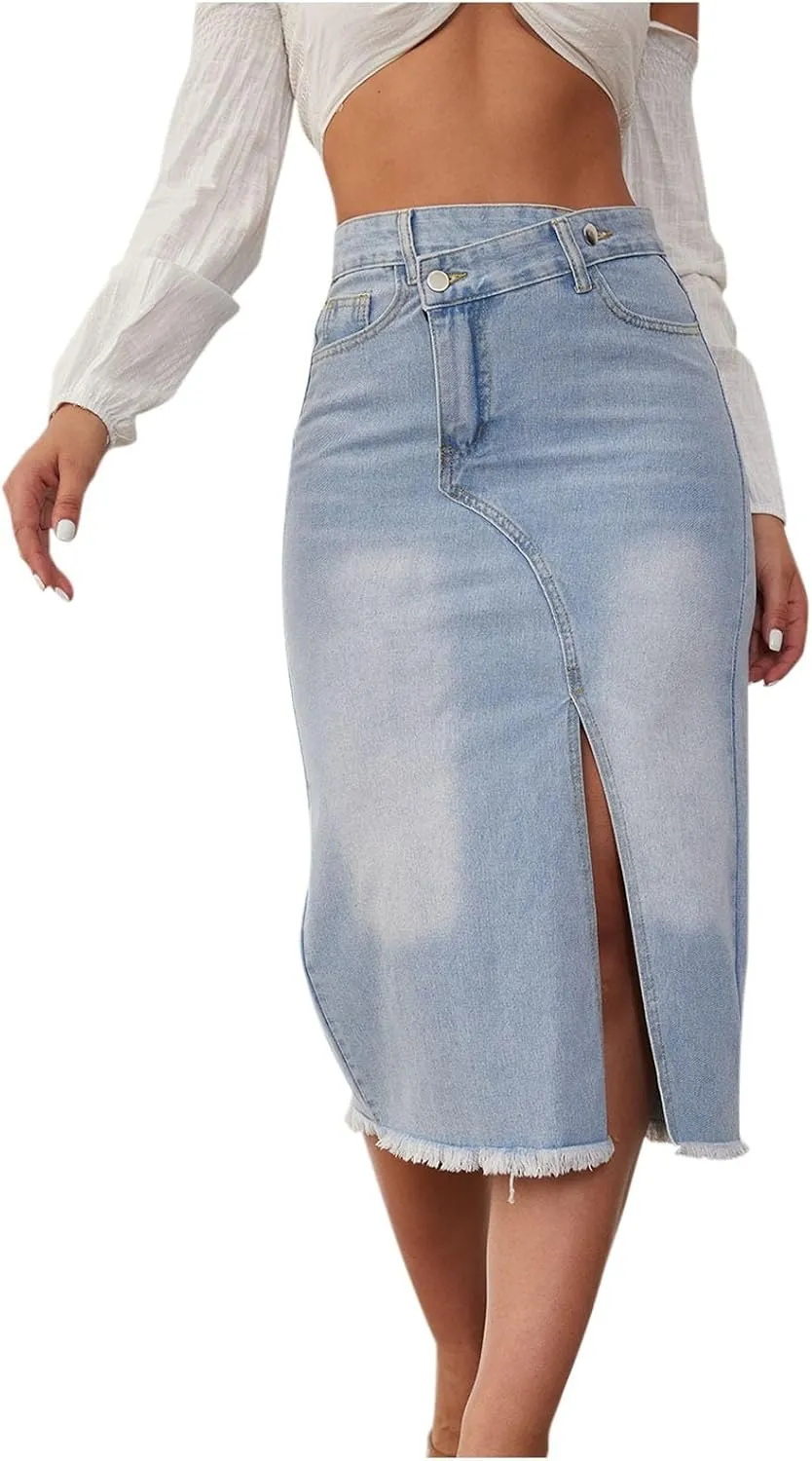 Akklian Denim Skirts for Women with Pockets, Frayed Raw Hem High Waisted Button Asymmetrical Casual Slit Jean Skirts 2024