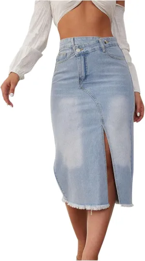Akklian Denim Skirts for Women with Pockets, Frayed Raw Hem High Waisted Button Asymmetrical Casual Slit Jean Skirts 2024