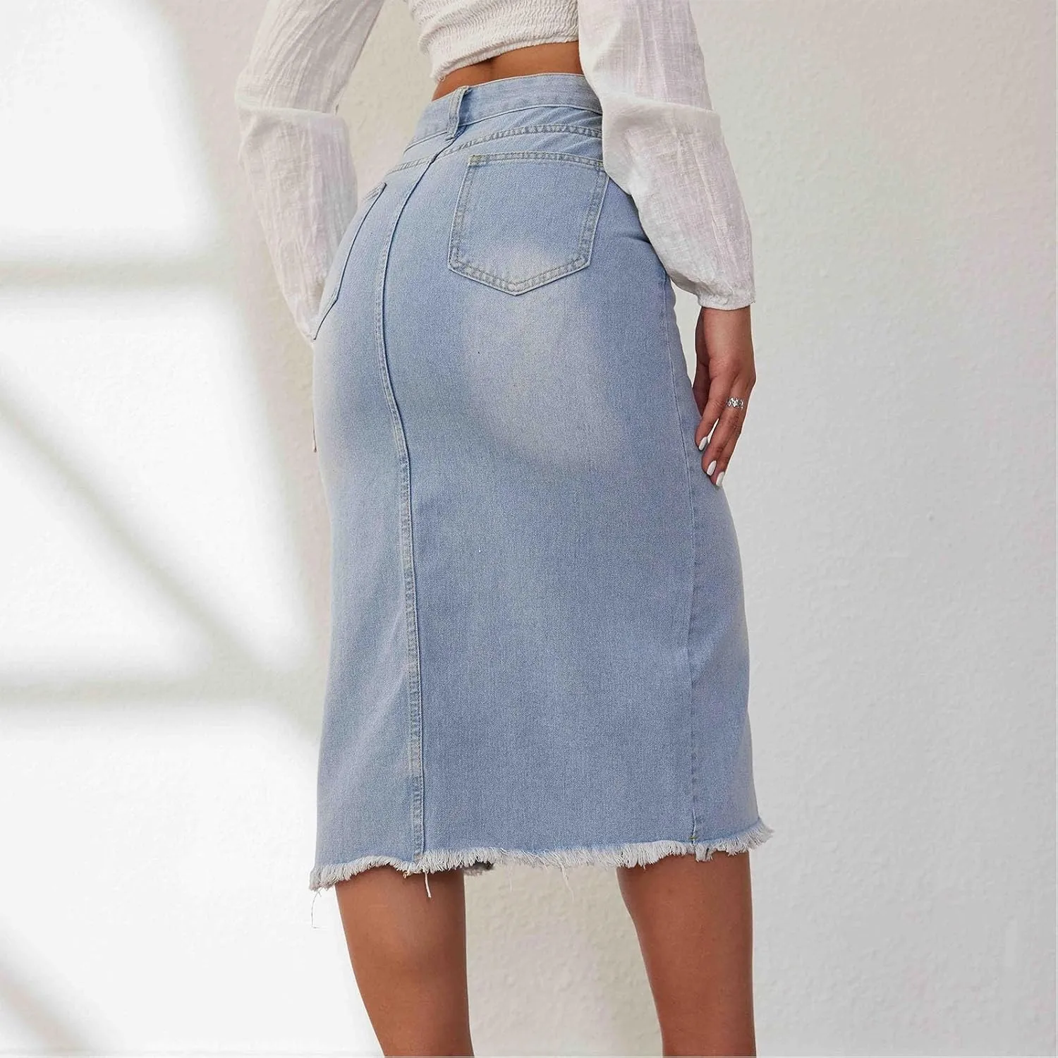 Akklian Denim Skirts for Women with Pockets, Frayed Raw Hem High Waisted Button Asymmetrical Casual Slit Jean Skirts 2024