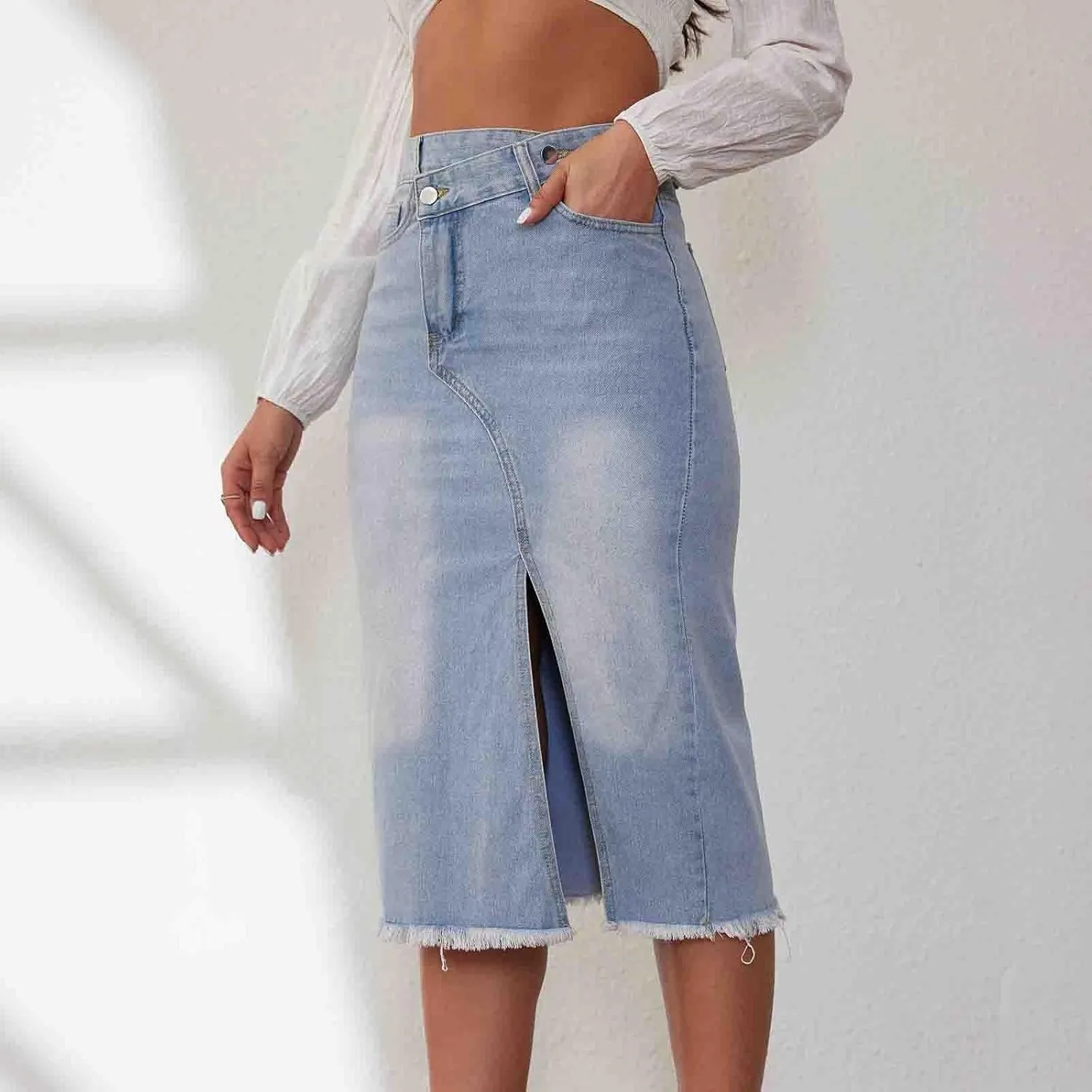 Akklian Denim Skirts for Women with Pockets, Frayed Raw Hem High Waisted Button Asymmetrical Casual Slit Jean Skirts 2024