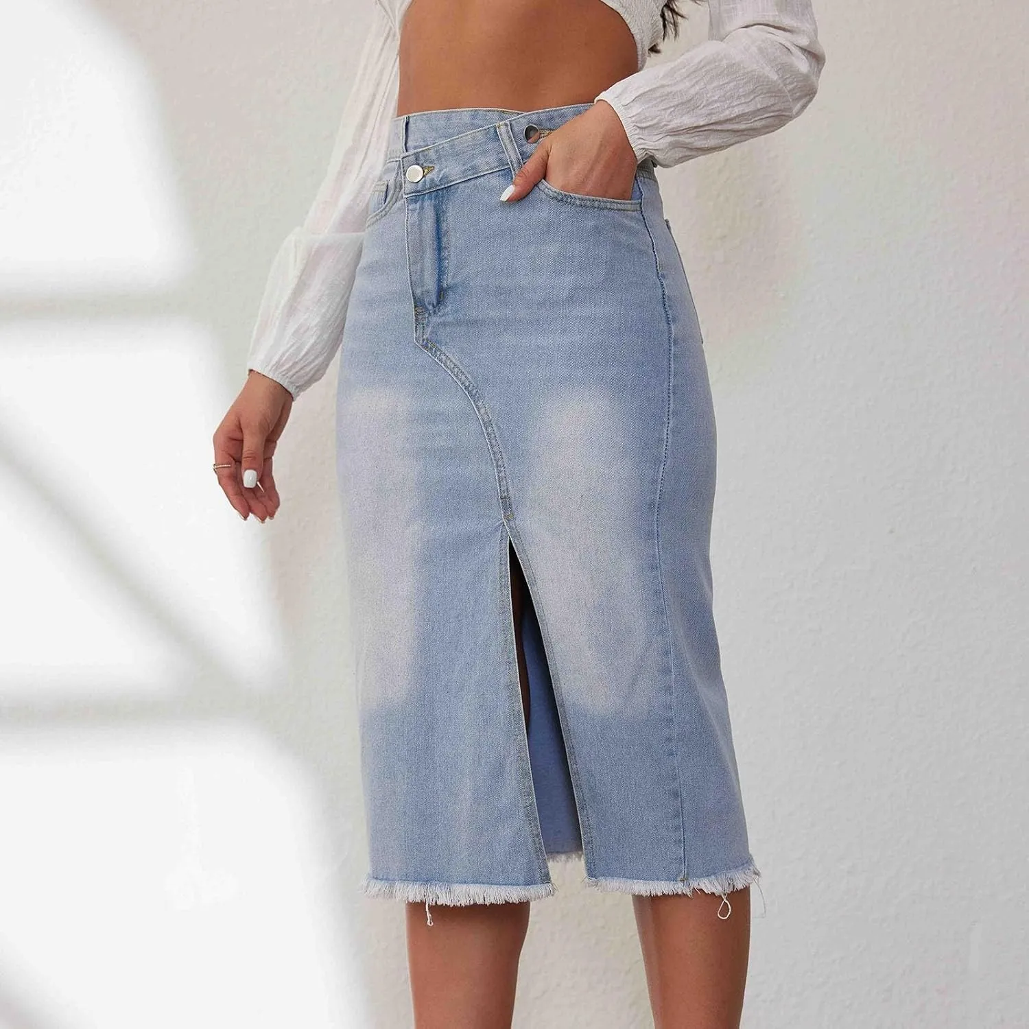 Akklian Denim Skirts for Women with Pockets, Frayed Raw Hem High Waisted Button Asymmetrical Casual Slit Jean Skirts 2024