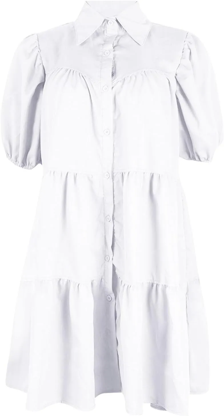 Akklian Womens Cute Babydoll Dresses Casual Loose Puff Sleeve Ruffle Button Down Pleated Shirt Dress Trendy Summer Mini Dress