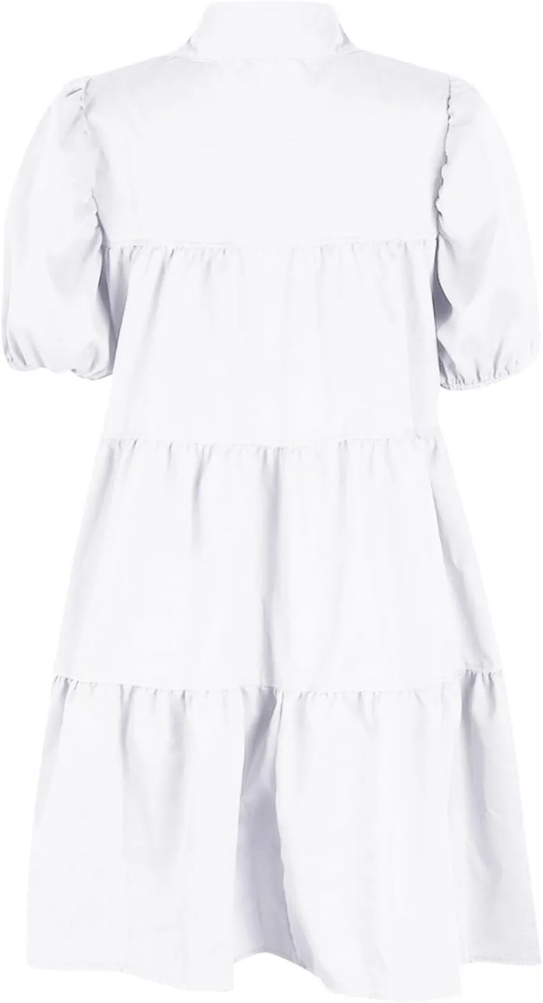 Akklian Womens Cute Babydoll Dresses Casual Loose Puff Sleeve Ruffle Button Down Pleated Shirt Dress Trendy Summer Mini Dress