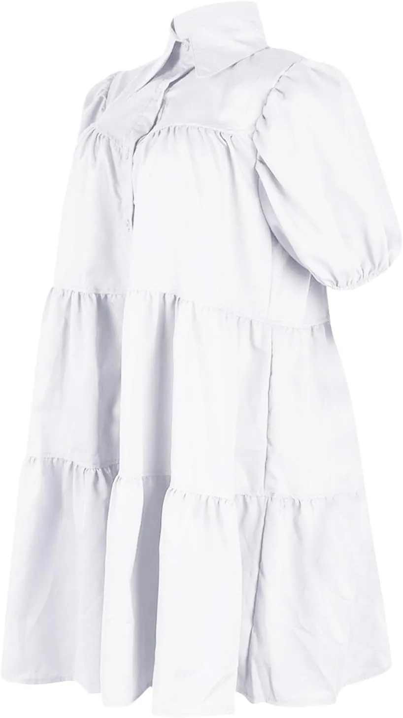 Akklian Womens Cute Babydoll Dresses Casual Loose Puff Sleeve Ruffle Button Down Pleated Shirt Dress Trendy Summer Mini Dress