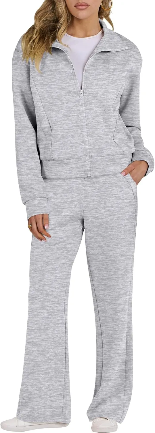 ANRABESS Lounge Sets for Women 2 Piece Outfits Sweatsuit Fall Zip Up Sweatshirts Wide Leg Pants Matching Sweat Set Tracksuit