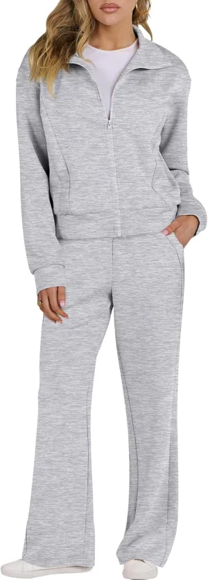 ANRABESS Lounge Sets for Women 2 Piece Outfits Sweatsuit Fall Zip Up Sweatshirts Wide Leg Pants Matching Sweat Set Tracksuit