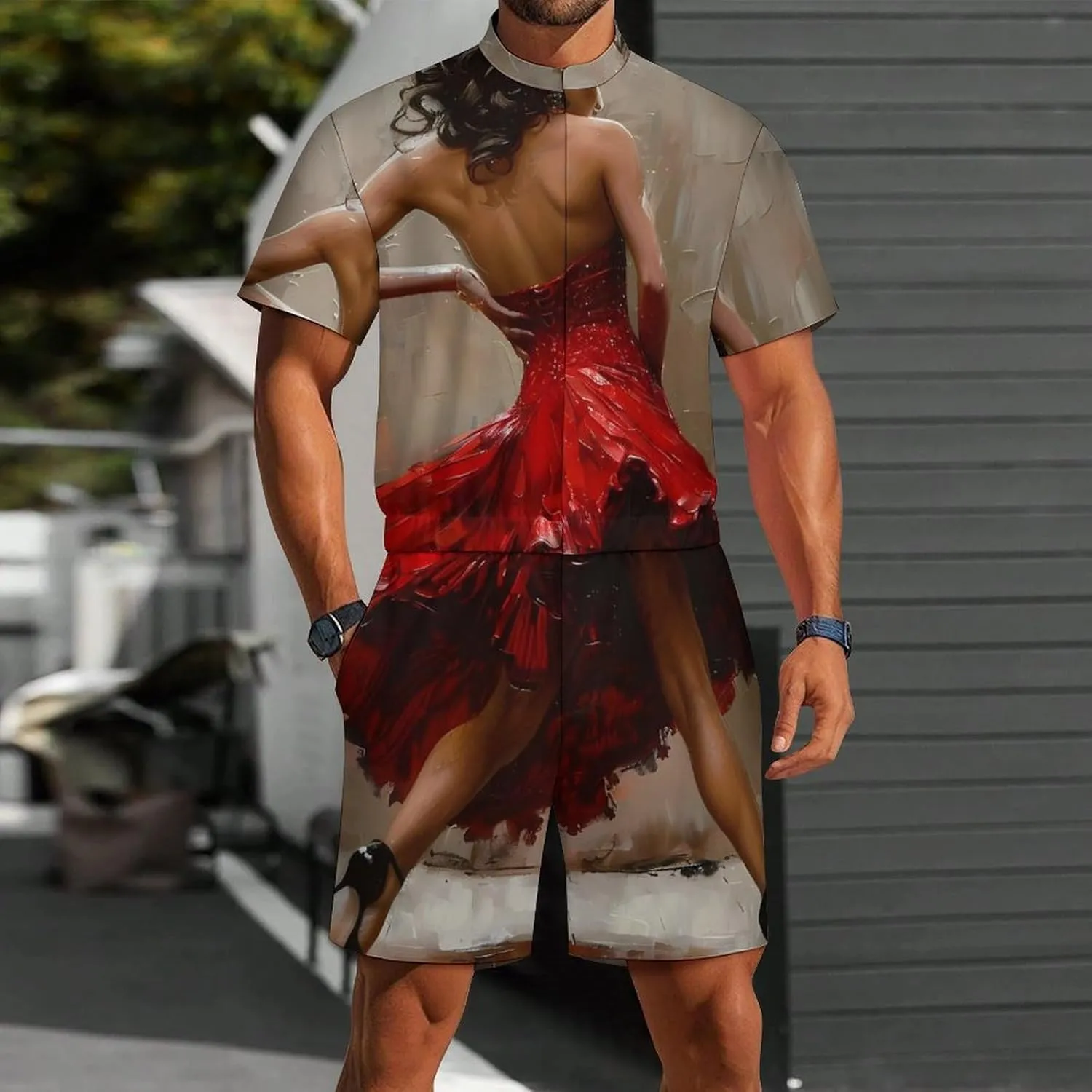 Black Women Dance in Red Dress Mens Short Sleeve Rompers Printed Slim Fit One Piece Jumpsuit with Pocket