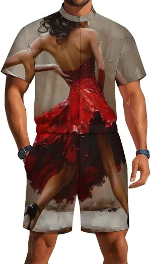 Black Women Dance in Red Dress Mens Short Sleeve Rompers Printed Slim Fit One Piece Jumpsuit with Pocket