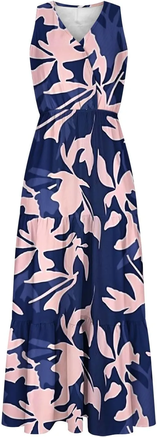 Boho Dresses for Women Casual Floral Graphic Print Maxi Dresses Sleeveless Flowy Fashion Vintage Sundress