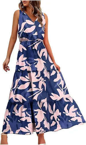 Boho Dresses for Women Casual Floral Graphic Print Maxi Dresses Sleeveless Flowy Fashion Vintage Sundress