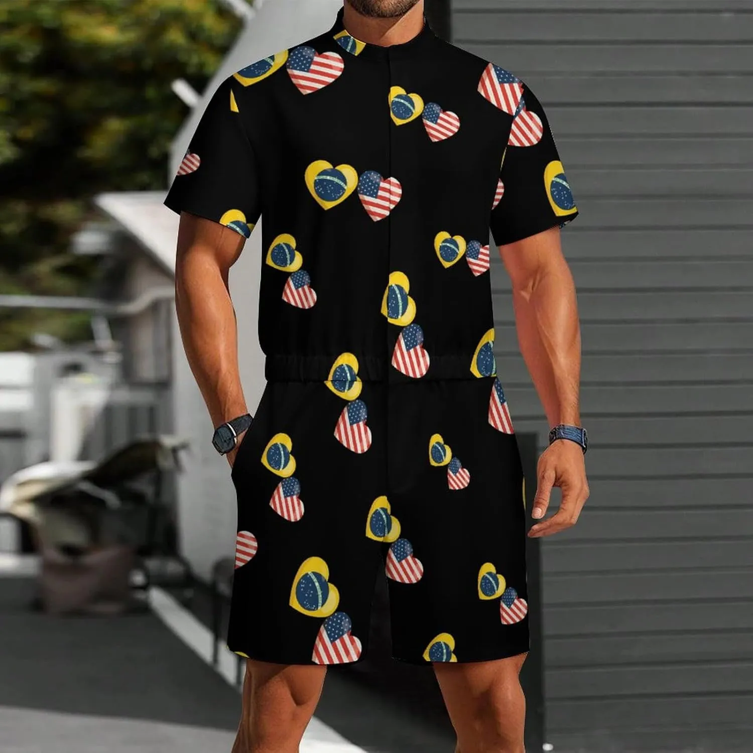 Brazilian Flag And American Flag Mens Short Sleeve Rompers Printed Slim Fit One Piece Jumpsuit with Pocket