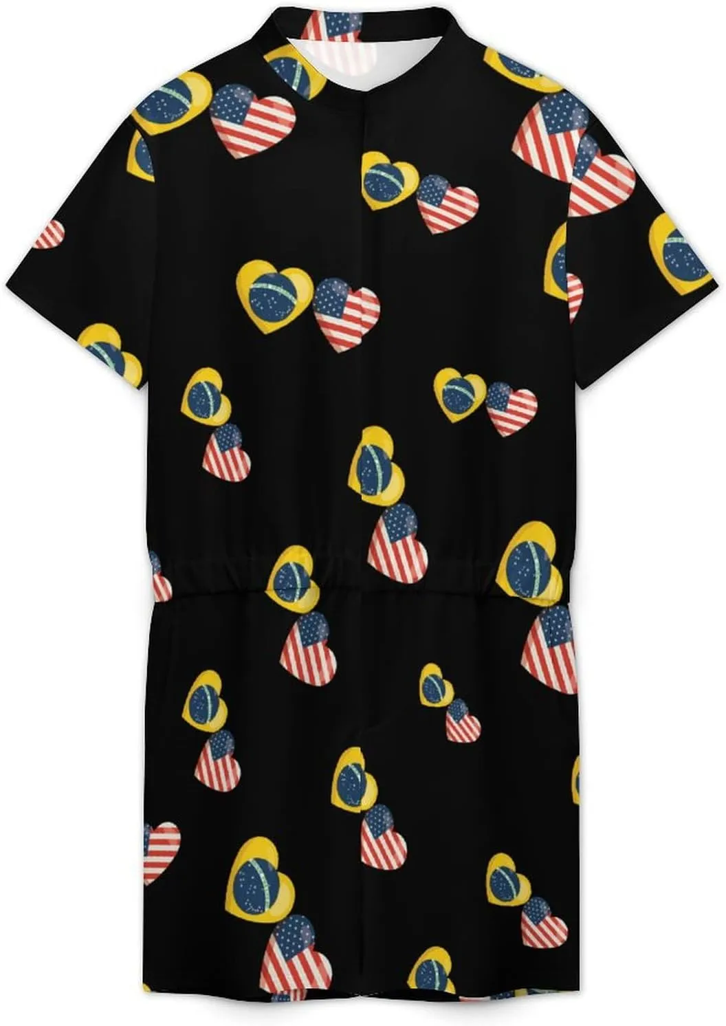 Brazilian Flag And American Flag Mens Short Sleeve Rompers Printed Slim Fit One Piece Jumpsuit with Pocket
