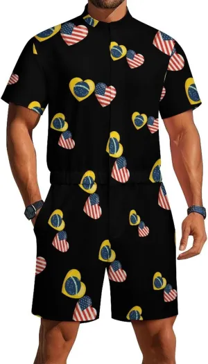 Brazilian Flag And American Flag Mens Short Sleeve Rompers Printed Slim Fit One Piece Jumpsuit with Pocket