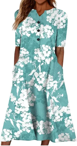 Casual Summer Dresses for Women 2024 Floral Boho Vacation Dress V-Neck Buttons Flowy Loose Midi Dress with Pockets