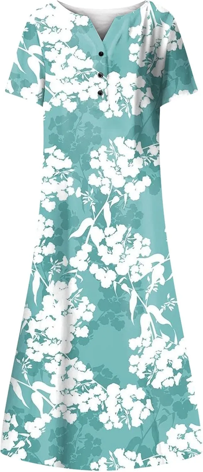 Casual Summer Dresses for Women 2024 Floral Boho Vacation Dress V-Neck Buttons Flowy Loose Midi Dress with Pockets