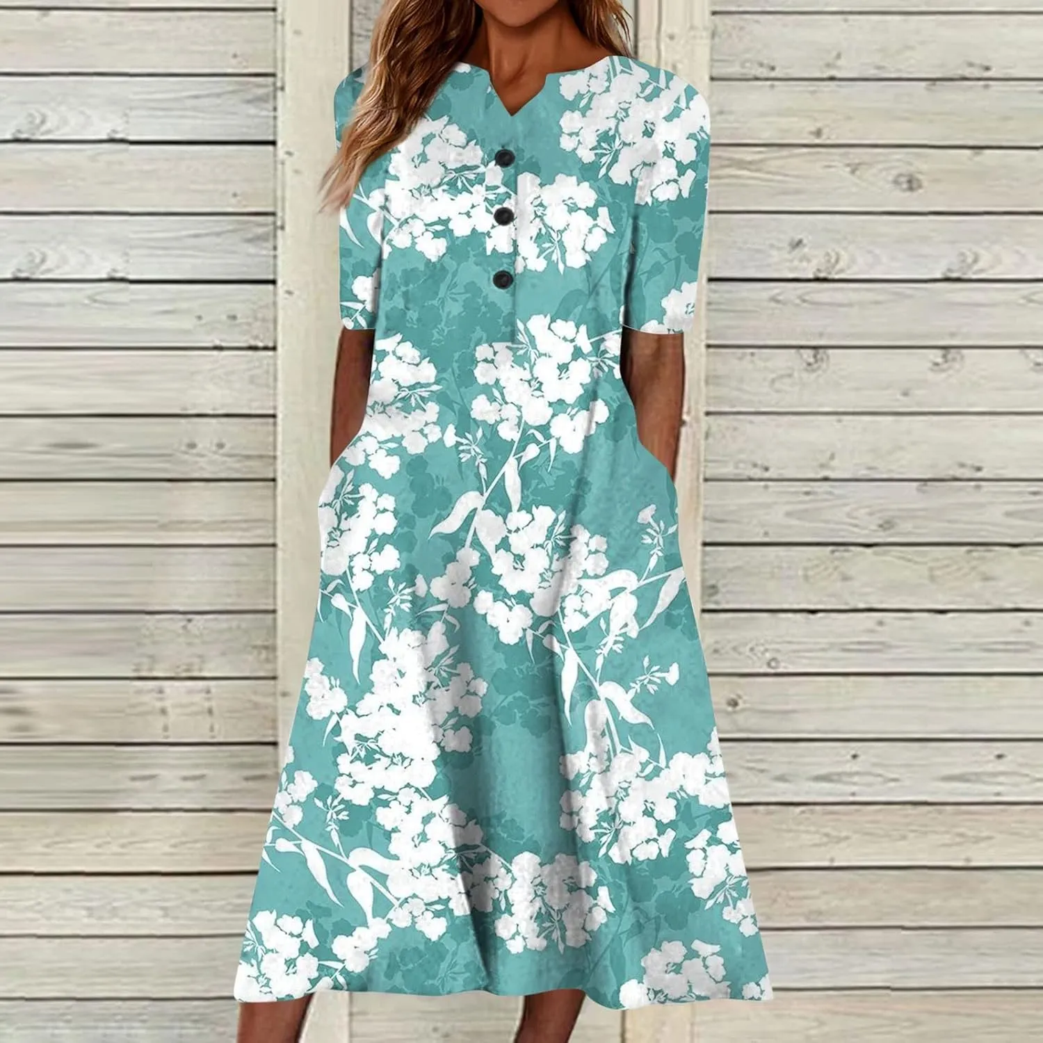 Casual Summer Dresses for Women 2024 Floral Boho Vacation Dress V-Neck Buttons Flowy Loose Midi Dress with Pockets