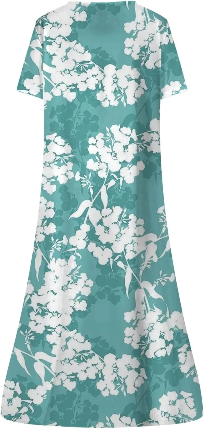 Casual Summer Dresses for Women 2024 Floral Boho Vacation Dress V-Neck Buttons Flowy Loose Midi Dress with Pockets
