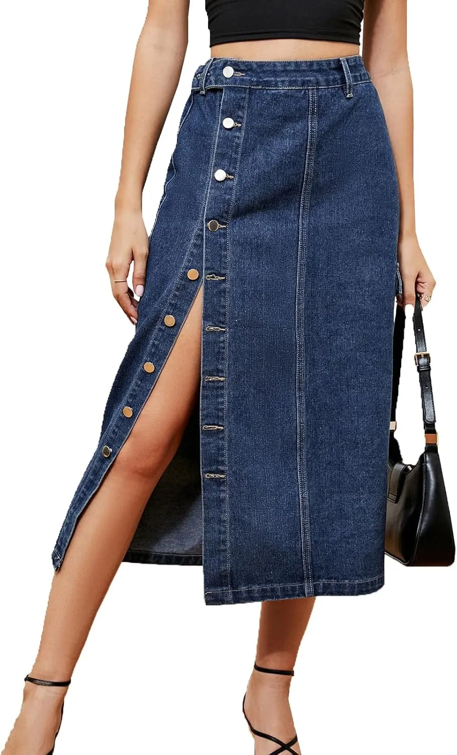 cffvdiz Women's Sexy Cargo Skirt Casual High Waisted Button Up Slit Denim Midi Jean Denim Skirt