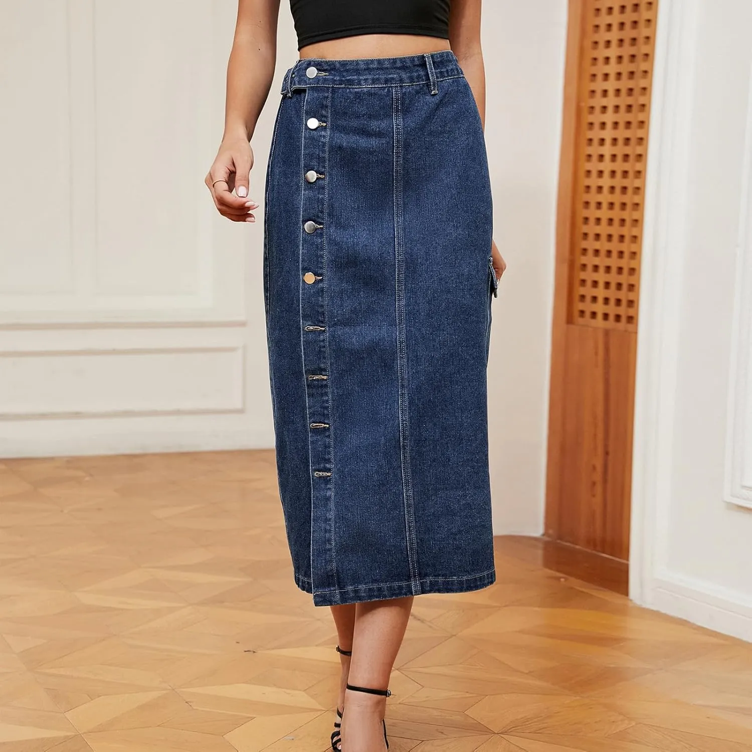 cffvdiz Women's Sexy Cargo Skirt Casual High Waisted Button Up Slit Denim Midi Jean Denim Skirt
