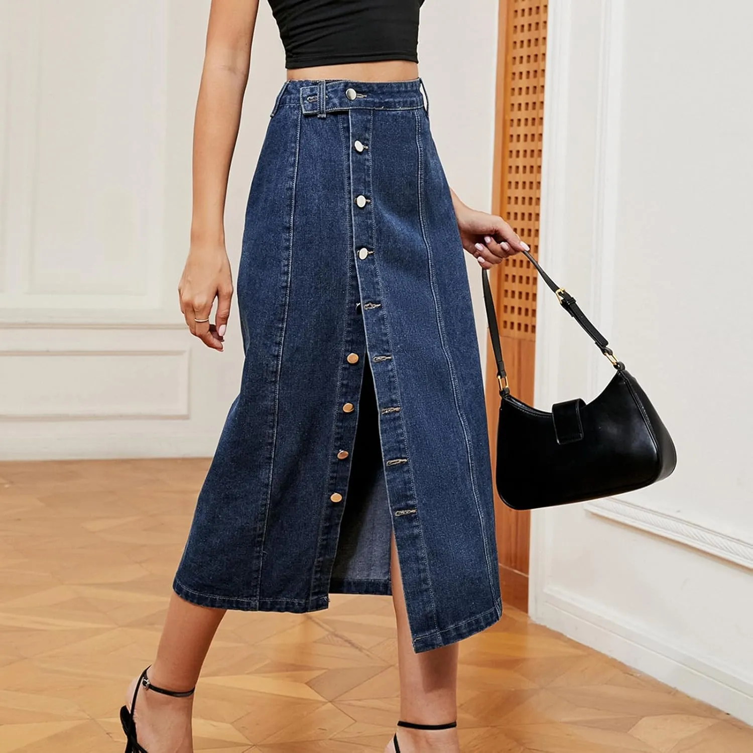 cffvdiz Women's Sexy Cargo Skirt Casual High Waisted Button Up Slit Denim Midi Jean Denim Skirt