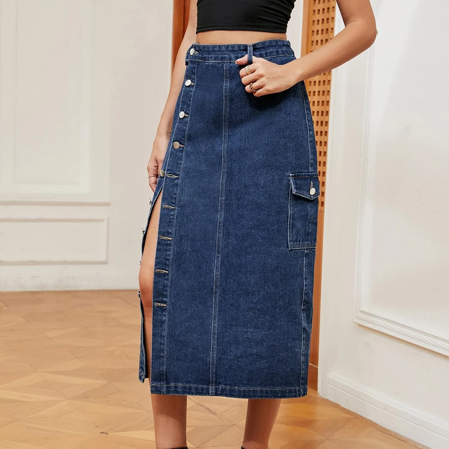 cffvdiz Women's Sexy Cargo Skirt Casual High Waisted Button Up Slit Denim Midi Jean Denim Skirt