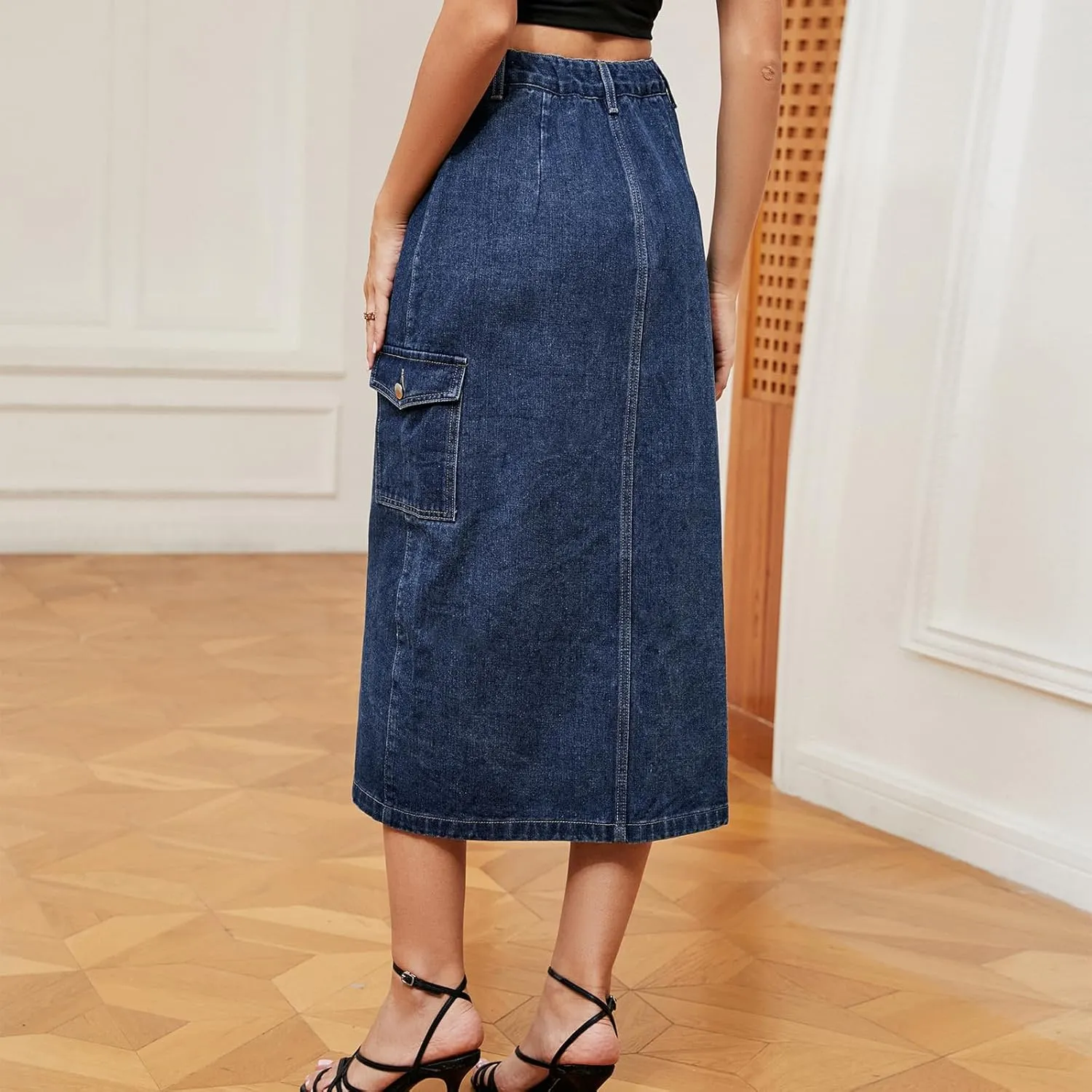 cffvdiz Women's Sexy Cargo Skirt Casual High Waisted Button Up Slit Denim Midi Jean Denim Skirt