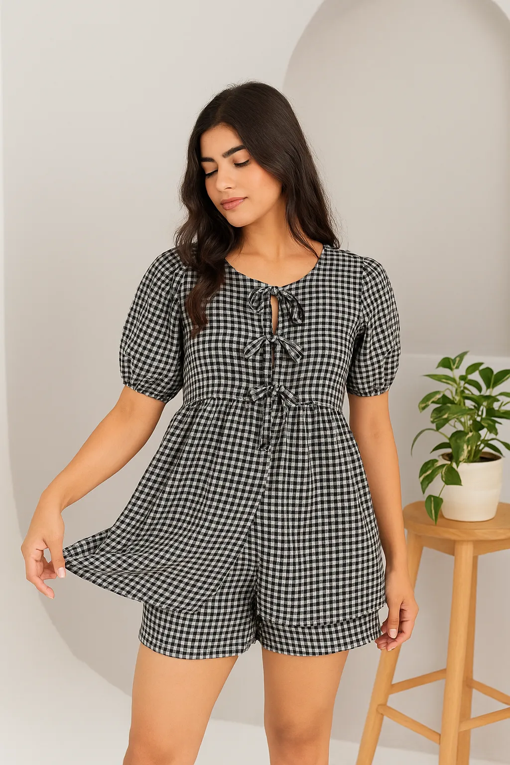 CHECKERED BLOUSE AND SHORTS