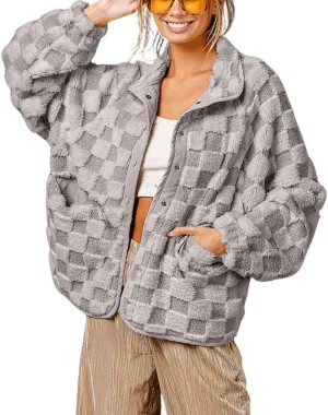 chouyatou Women Winter Casual Checkered Fleece Jacket Fuzzy Oversized Sherpa Jacket Shacket Faux Fur Coat