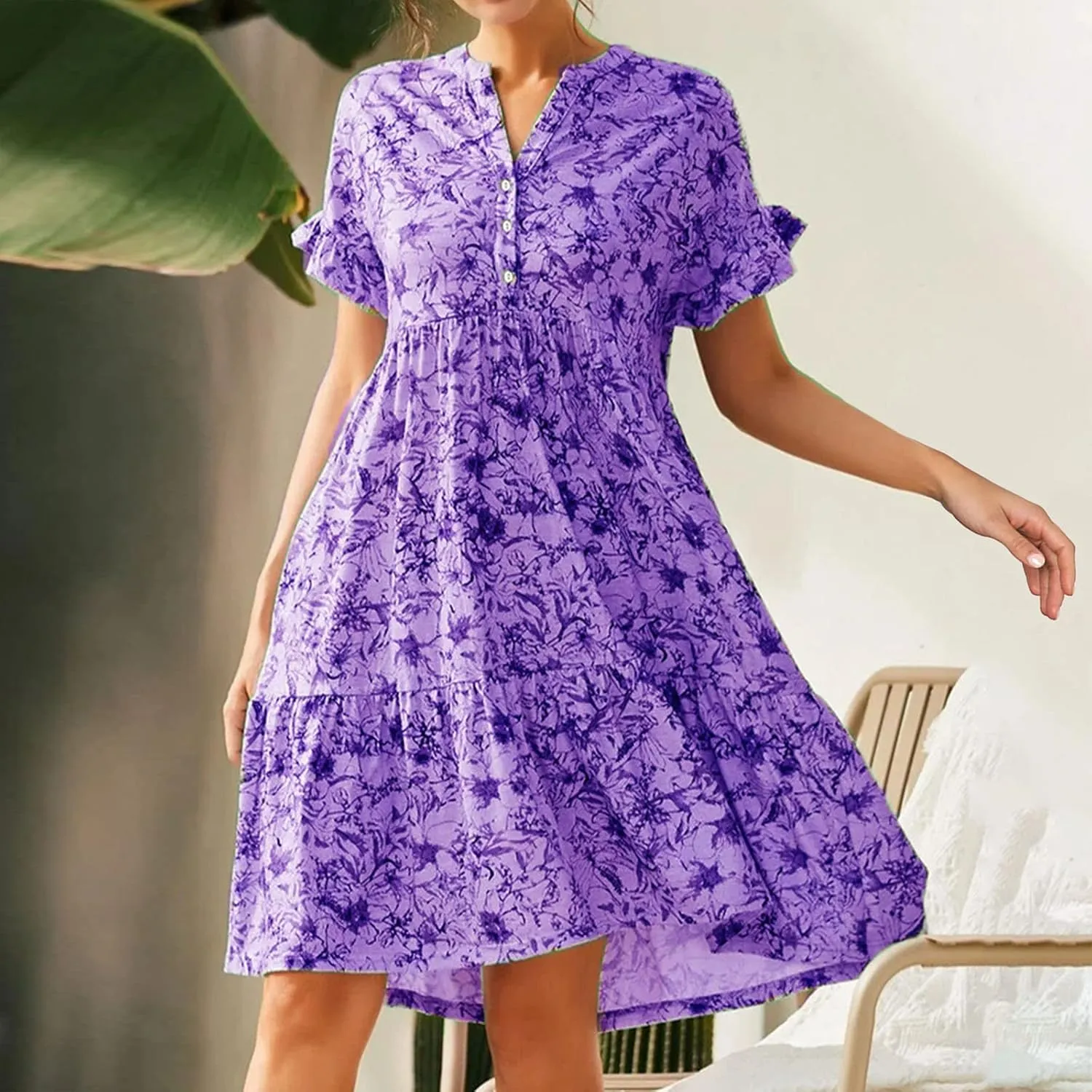 cooki Summer Dresses for Women 2024 Half Puff Sleeve Floral Print Button Down Loose Ruffle Tiered Beach Mini Dress Sundress