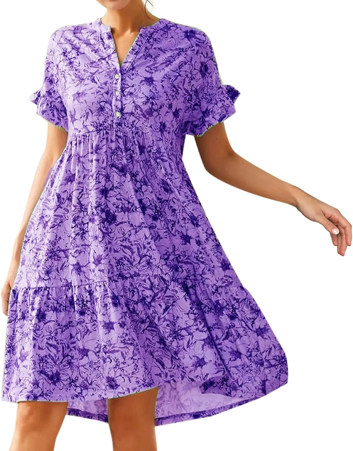 cooki Summer Dresses for Women 2024 Half Puff Sleeve Floral Print Button Down Loose Ruffle Tiered Beach Mini Dress Sundress