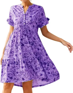 cooki Summer Dresses for Women 2024 Half Puff Sleeve Floral Print Button Down Loose Ruffle Tiered Beach Mini Dress Sundress