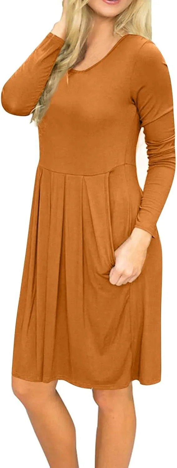 COTECRAM 2025 Women's Spring Casual Long Sleeve Midi Dresses with Pockets Crewneck Flowy A Line Knee Length Boho Dress
