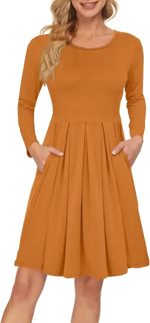 COTECRAM 2025 Women's Spring Casual Long Sleeve Midi Dresses with Pockets Crewneck Flowy A Line Knee Length Boho Dress