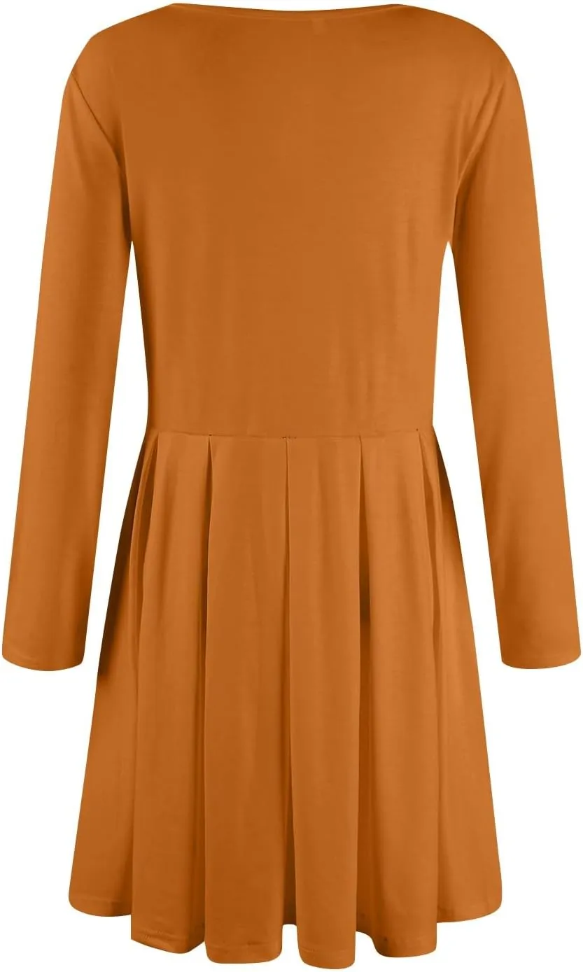 COTECRAM 2025 Women's Spring Casual Long Sleeve Midi Dresses with Pockets Crewneck Flowy A Line Knee Length Boho Dress