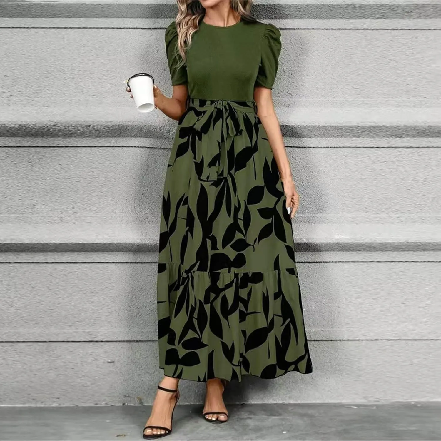 DOPOCQ Plus Size Dresses for Curvy Women Trendy Floral Print Short Sleeve Sundress Summer Ruffle Cocktail Dress with Belt