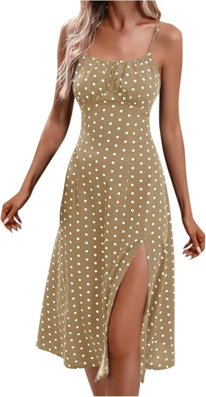 Dresses for Women 2025 Casual Spring Summer Sleeveless Spaghetti Straps Sundress Trendy Split Hem Boho Tank Dress