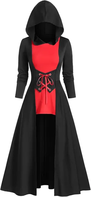 FEOYA Gothic Hooded Sweatshirt Dress for Women High Low Medieval Cloak Robe Steampunk Halloween Dresses Pullover