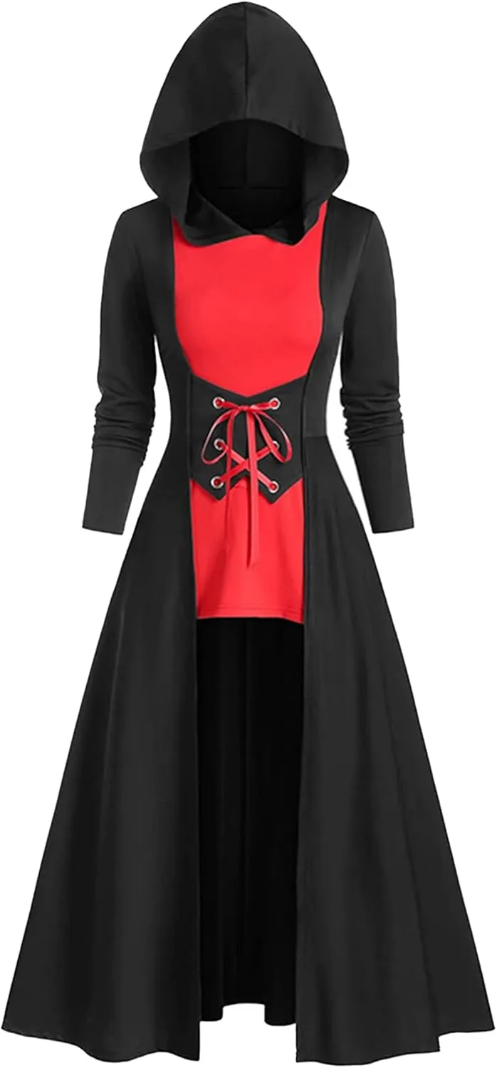 FEOYA Gothic Hooded Sweatshirt Dress for Women High Low Medieval Cloak Robe Steampunk Halloween Dresses Pullover